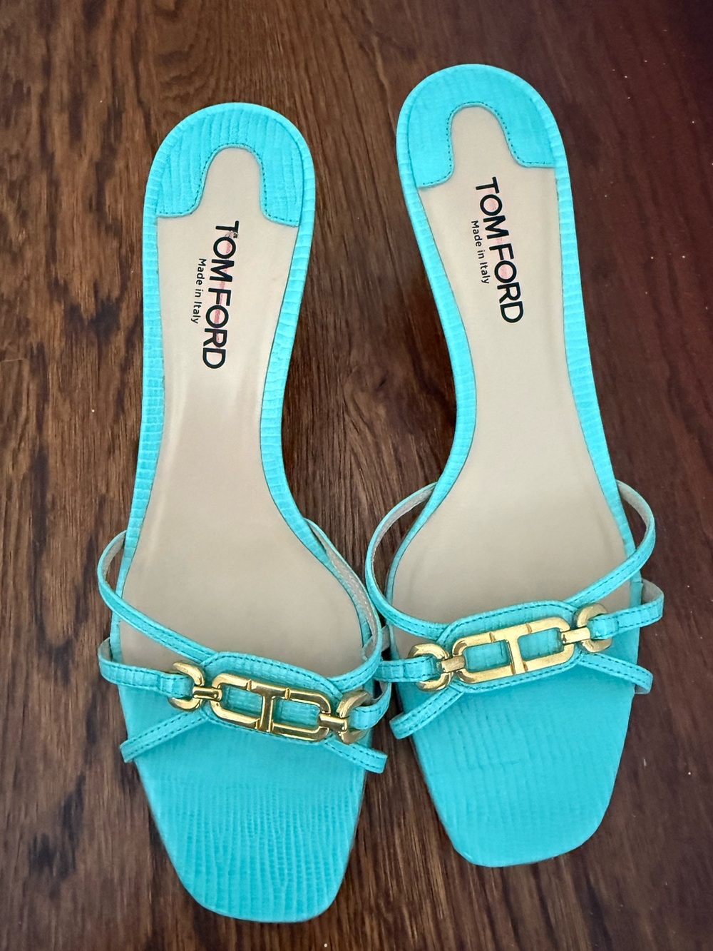 Tom Ford Aqua Blue Strappy Heeled Sandals with Gold Hardware